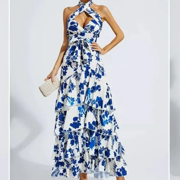 SOLD Women’s Summer Floral Halter Neck Maxi Dress with Ruffles Size L NWOT - Picture 13 of 13